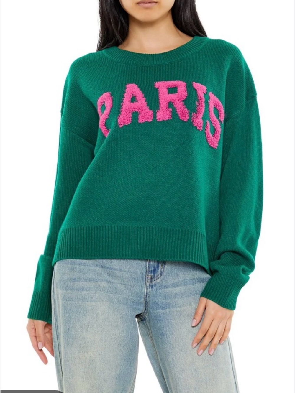 Forever 21 Green Crewneck Sweater with Pink PARIS Lettering